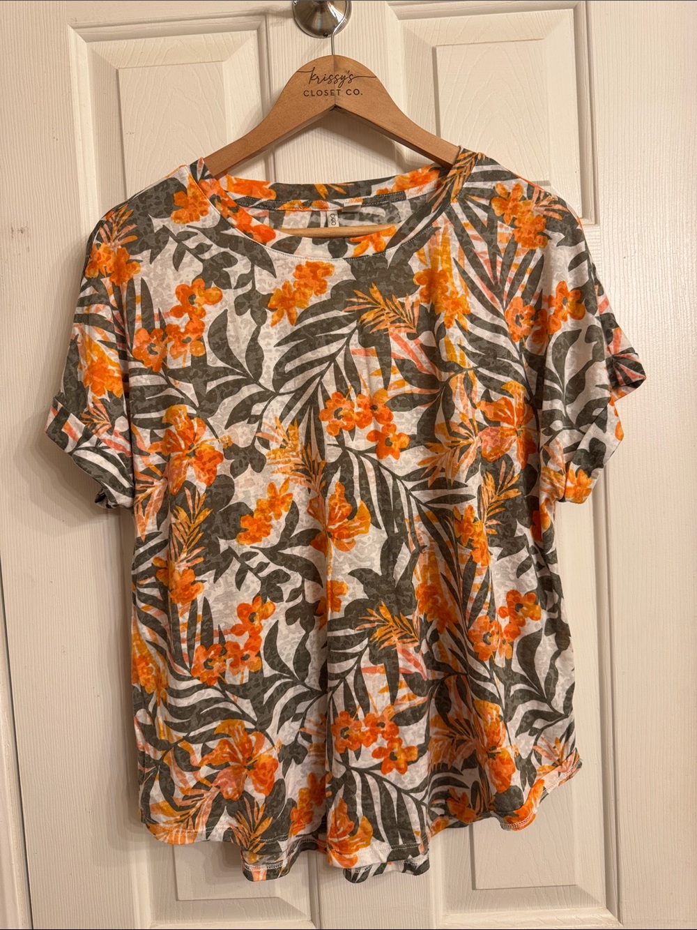 Cato Orange Floral and Gray Leaf Short Sleeve Tee